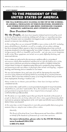 Gang stalking ad in Washington Post Express placed by FFCHS on July 16, 2013